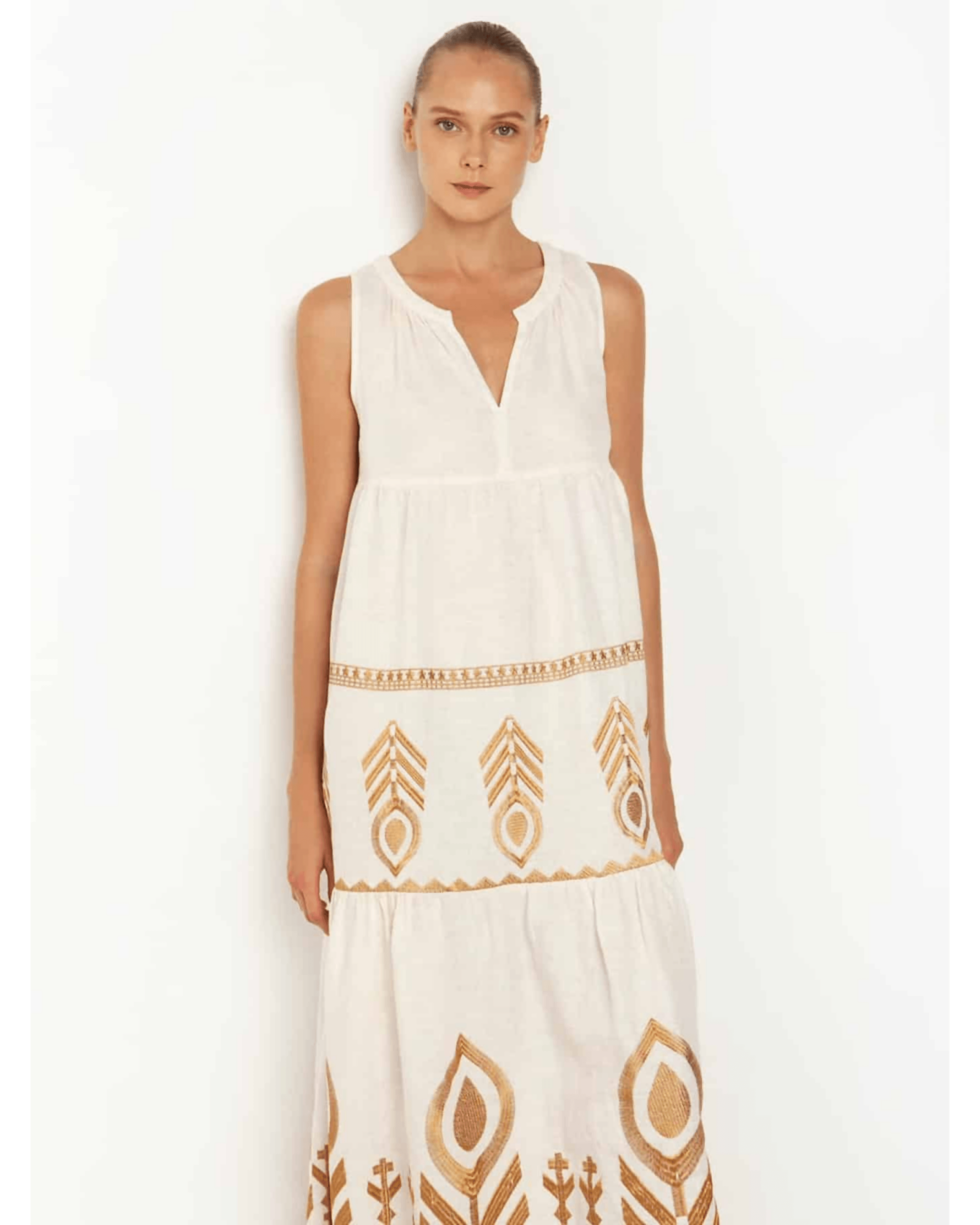 Embroidered Sleeveless Feather Dress White/Gold - Endless - UAE Rental and Resale for Women's Fashion