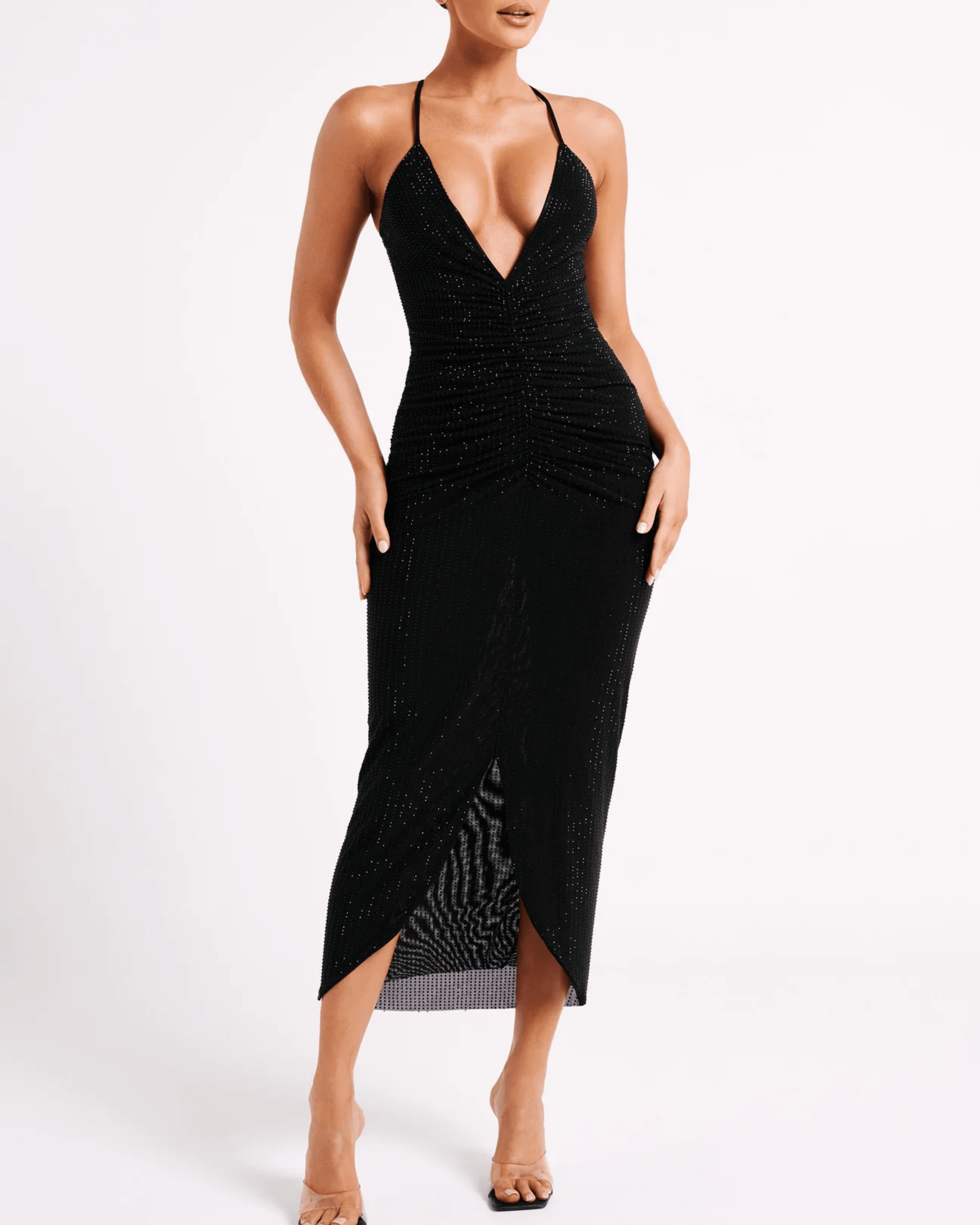 Emeraude Diamonte Ruched Midi Dress - Endless - UAE Rental and Resale for Women's Fashion