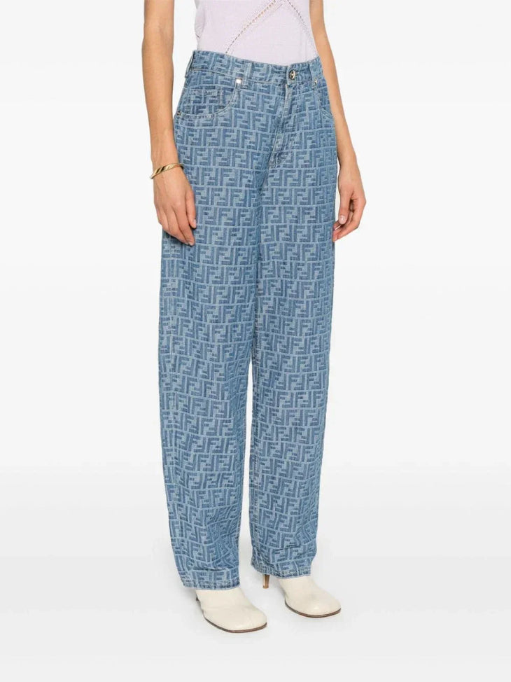 Fendi monogram chambray cotton jeans with high waist and straight leg silhouette — Fendi | Endless UAE