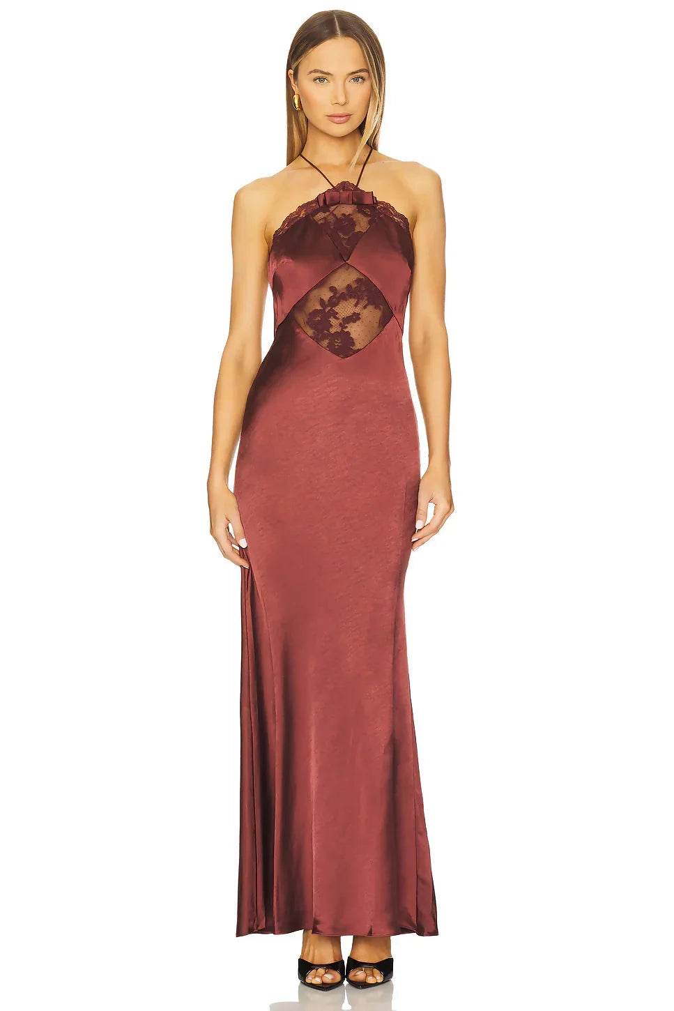 Burgundy satin halter maxi dress with lace cutout detail — Self-Portrait | Endless UAE