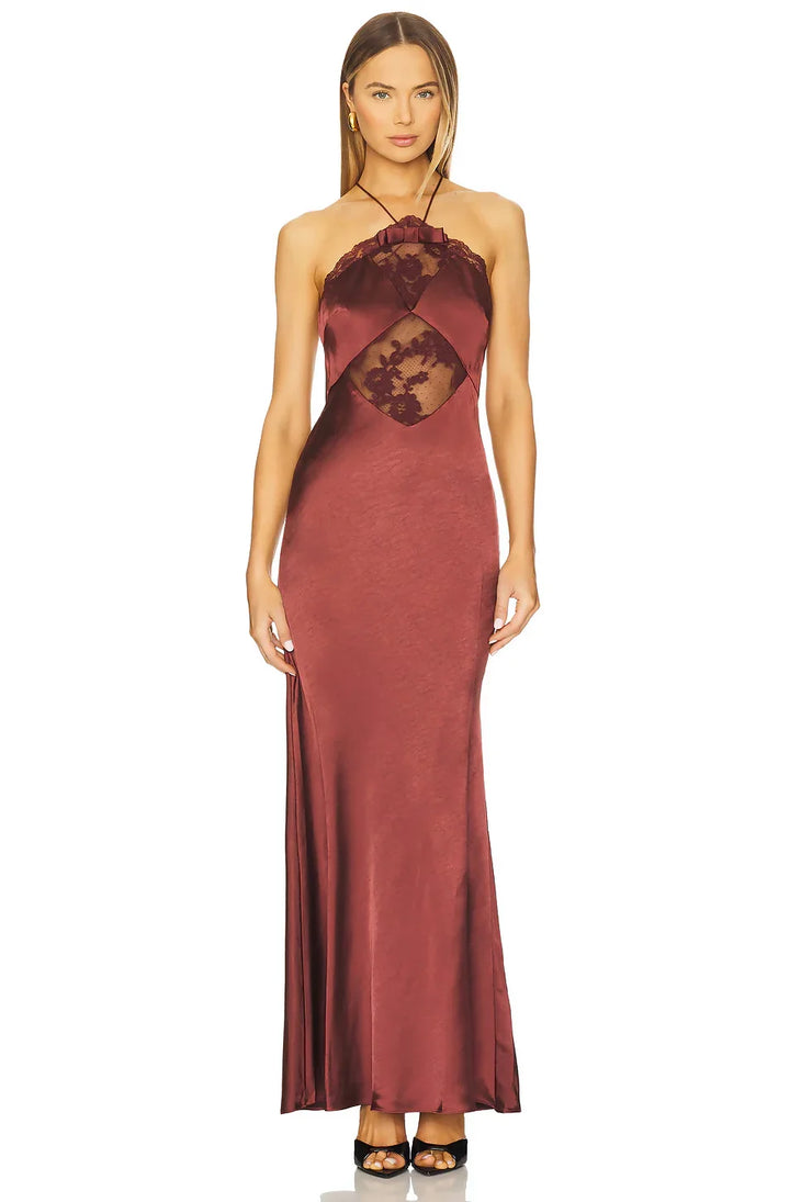 Burgundy satin halter maxi dress with lace cutout detail — Self-Portrait | Endless UAE