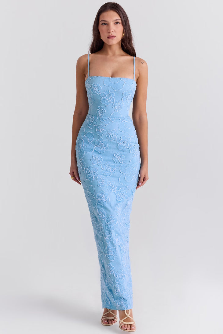 Blue floral embroidered maxi dress with thin straps on model sitting on chair — House of CB | Endless UAE