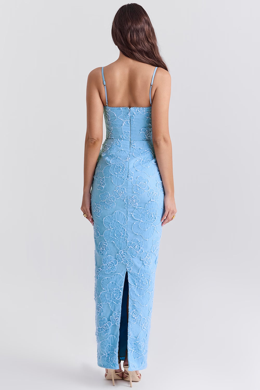Blue floral embroidered maxi dress with thin straps on model sitting on chair — House of CB | Endless UAE