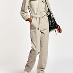 Beige denim jumpsuit with puffed sleeves and belt — Essentiel Antwerp | Endless UAE