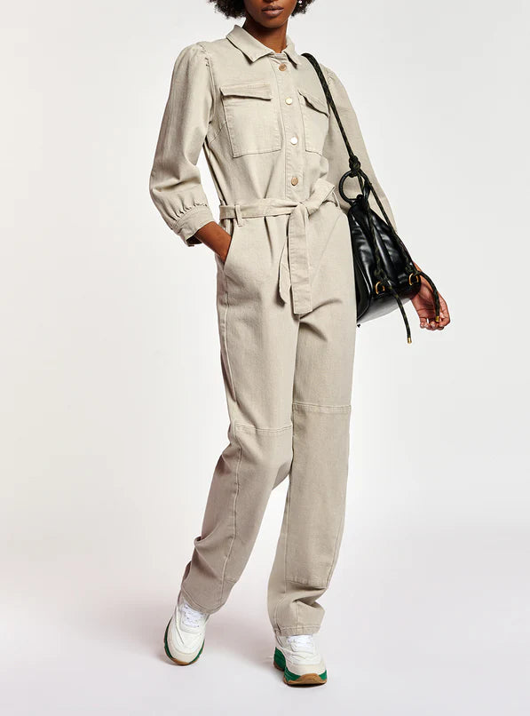 Beige denim jumpsuit with puffed sleeves and belt — Essentiel Antwerp | Endless UAE