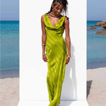 Lime green satin cowl neck maxi dress worn by model on beach setting — Rat and Boa | Endless UAE