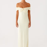 Cream off-shoulder maxi dress with ruched detailing and fitted silhouette — Peppermayo | Endless UAE
