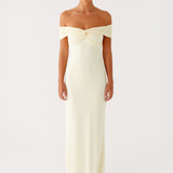 Cream off-shoulder maxi dress with ruched detailing and fitted silhouette — Peppermayo | Endless UAE