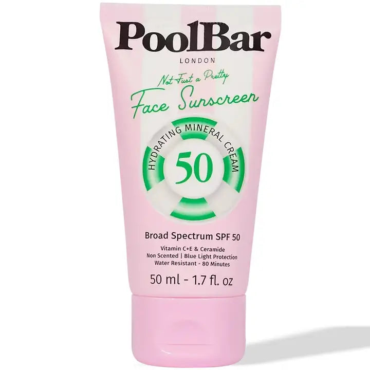 Pink tube of PoolBar London SPF 50 face sunscreen with hydrating mineral formula and blue light protection — PoolBar London | Endless UAE