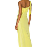 Long yellow one-shoulder dress with draped tie detail, fitted silhouette, floor-length hem — Baobab | Endless UAE