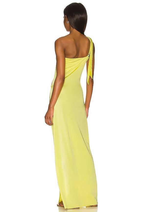 Long yellow one-shoulder dress with draped tie detail, fitted silhouette, floor-length hem — Baobab | Endless UAE