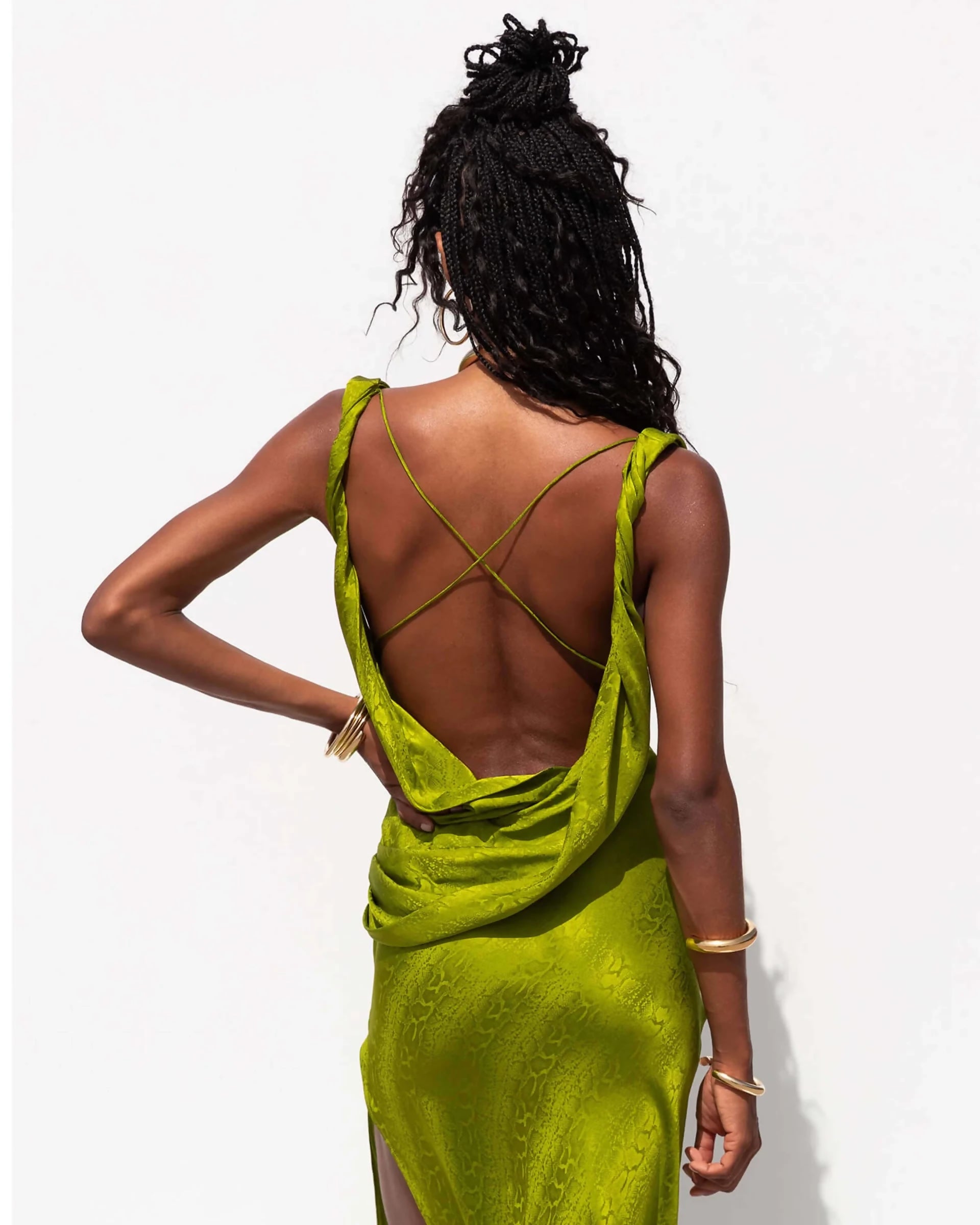 Lime green backless maxi dress with criss-cross straps and side slit — Rat and Boa | Endless UAE