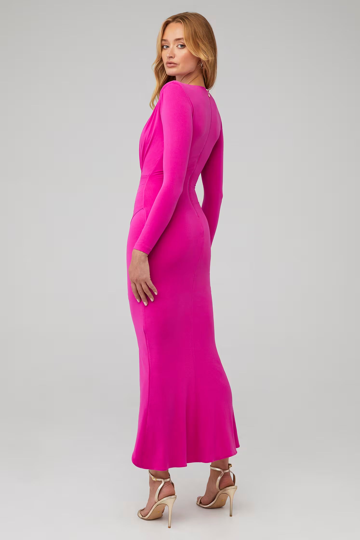 Farrah Gown in hot pink with long sleeves, plunging neckline and asymmetrical wrap skirt — Nookie | Endless UAE