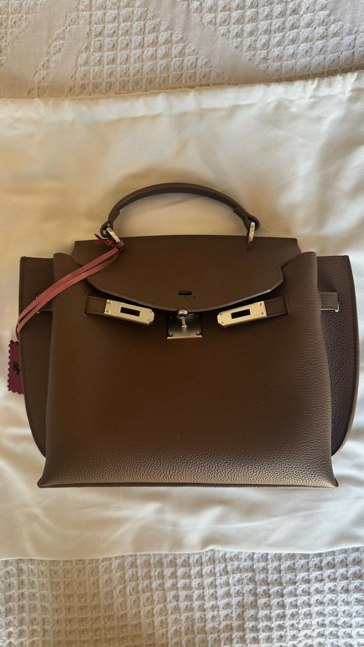 Brown leather structured handbag with gold hardware and pink shoulder strap — Endless | Endless UAE