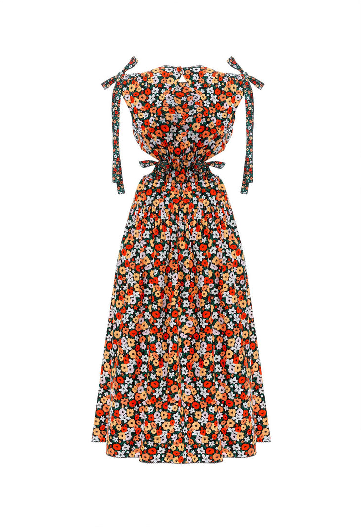 Woman wearing Guaguanco Midi Dress in colorful floral print with 3/4 sleeves — Agua By Agua Bendita | Endless UAE