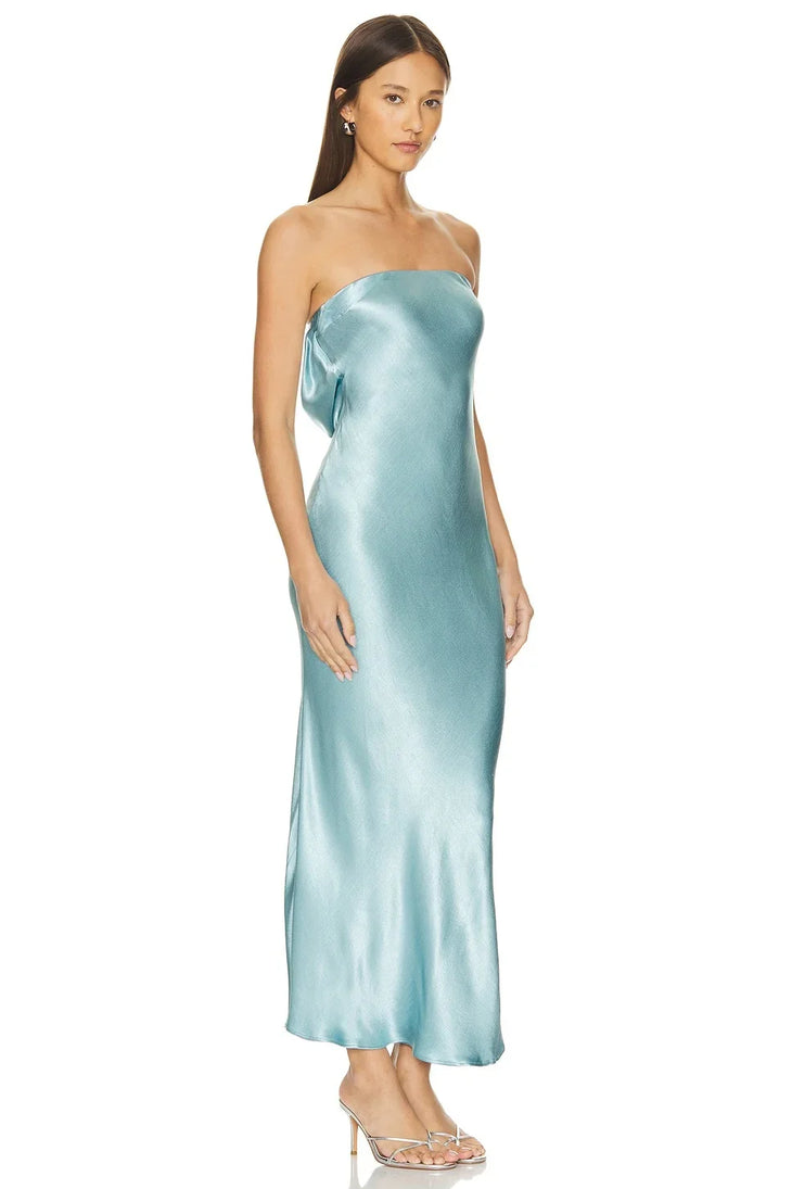 Moondance Dress in Seaspray, strapless silky gown with midi length — Bec + Bridge | Endless UAE