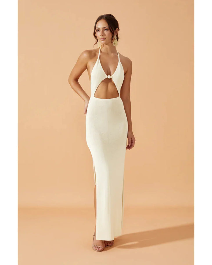 Zoelle Dress in cream with halter neckline and cutout details — Flook The Label | Endless UAE