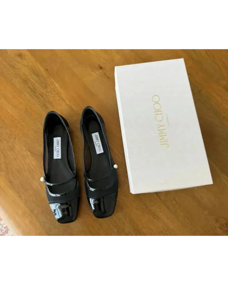 Black mesh ballet flats with patent leather toe cap and pearl-embellished strap detail — Jimmy Choo | Endless UAE