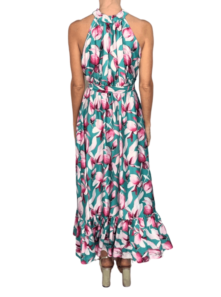Floral Halter Maxi Dress Aqua with Pink Flowers - Endless