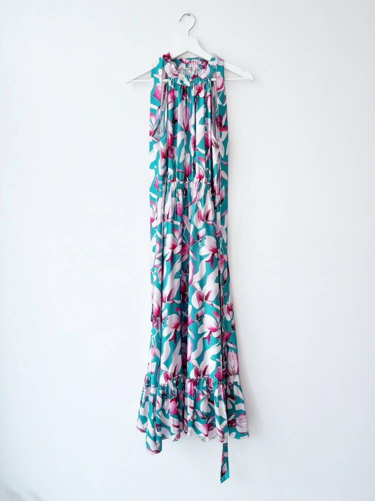 Floral Halter Maxi Dress Aqua with Pink Flowers - Endless