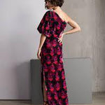 Fuchsia pink floral silk velvet one shoulder maxi dress with side slit — Roopa Pemmaraju | Endless UAE