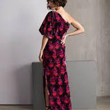Fuchsia pink floral silk velvet one shoulder maxi dress with side slit — Roopa Pemmaraju | Endless UAE
