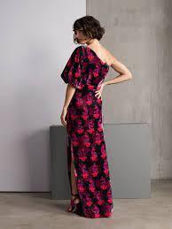 Fuchsia pink floral silk velvet one shoulder maxi dress with side slit — Roopa Pemmaraju | Endless UAE