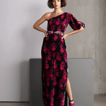 Elegant black silk velvet maxi dress with pink floral print, one-shoulder design and side slit — Roopa Pemmaraju | Endless UAE