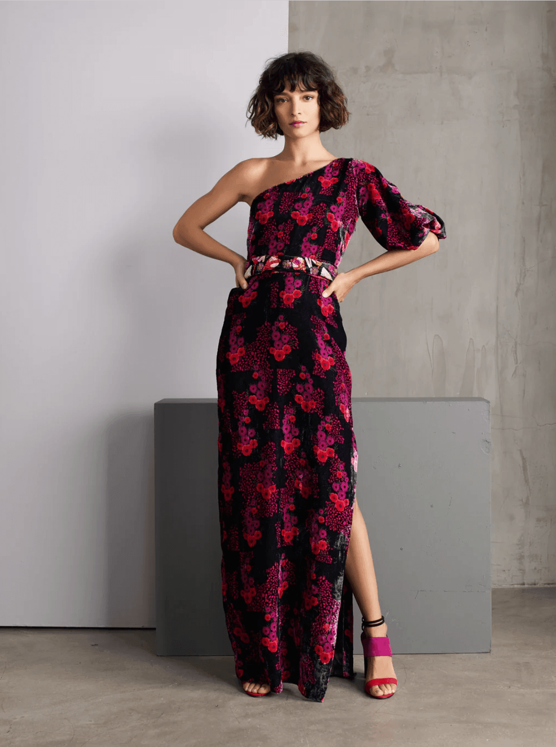 Elegant black silk velvet maxi dress with pink floral print, one-shoulder design and side slit — Roopa Pemmaraju | Endless UAE