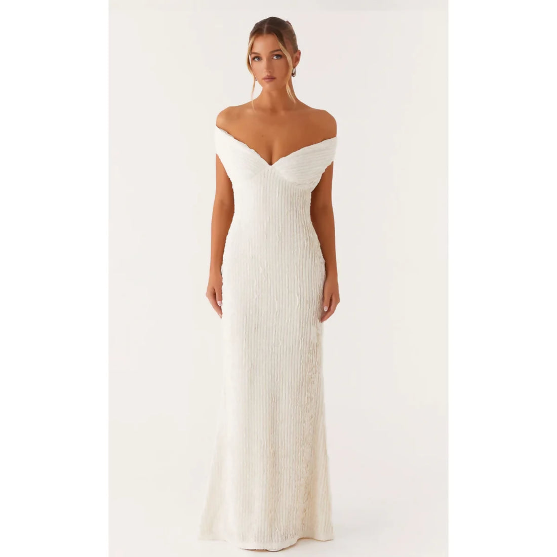 White off-shoulder sequin maxi dress with pleated bodice and floor-length silhouette — Peppermayo | Endless UAE