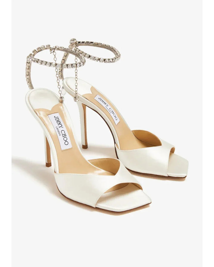 Saeda 100 cream satin sandal with crystal-embellished ankle strap — Jimmy Choo | Endless UAE