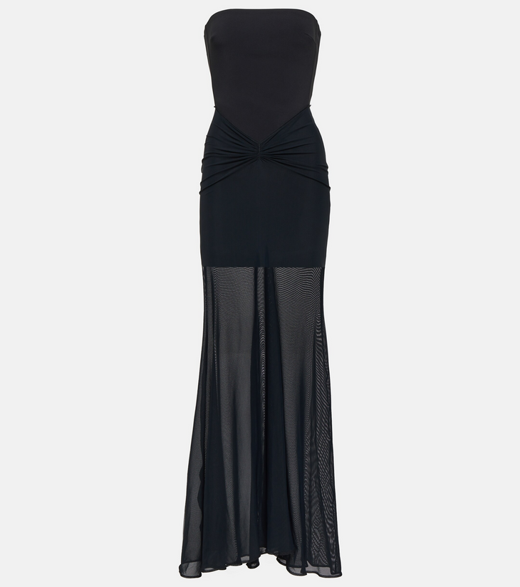 Black strapless maxi dress with ruched waistline and sheer mesh skirt overlay — David Koma | Endless UAE
