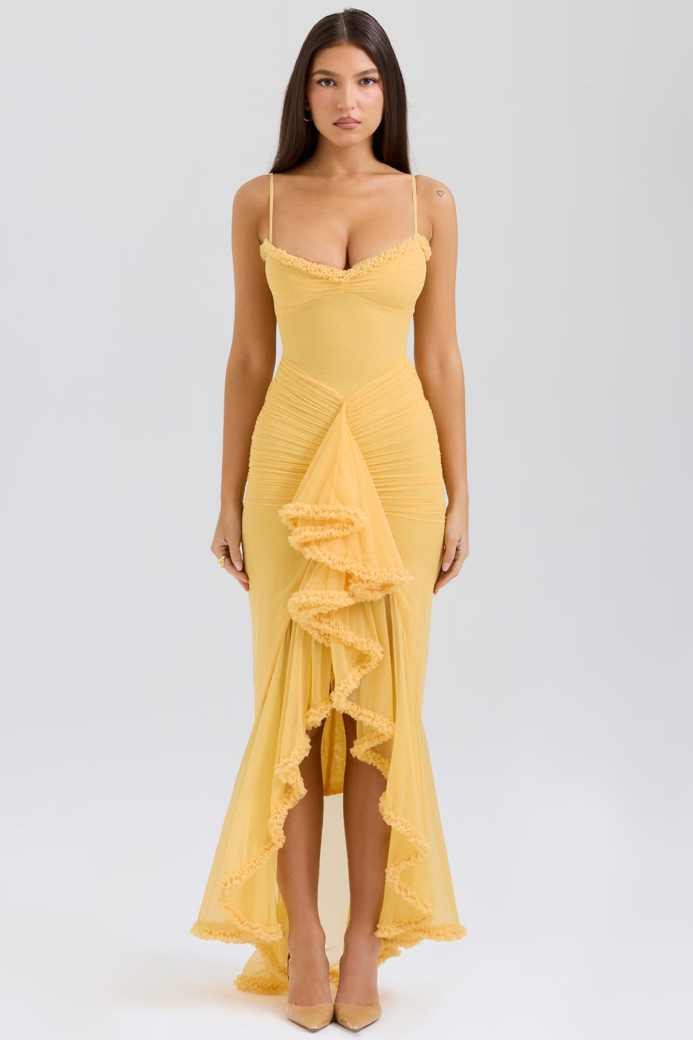 Elegant yellow ruched bodycon gown with asymmetric ruffled front slit and delicate trim detailing — House of CB | Endless UAE