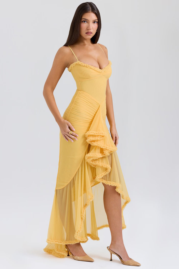 Elegant yellow pleated gown with ruffled front detail and asymmetric hemline — House of CB | Endless UAE