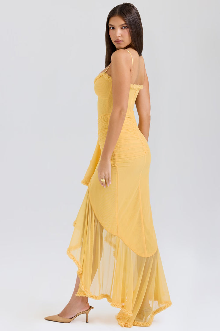 Gabbi Ruffled Front Gown in sunny yellow with ruched bodice, asymmetric hem and sheer overlay — House of CB | Endless UAE