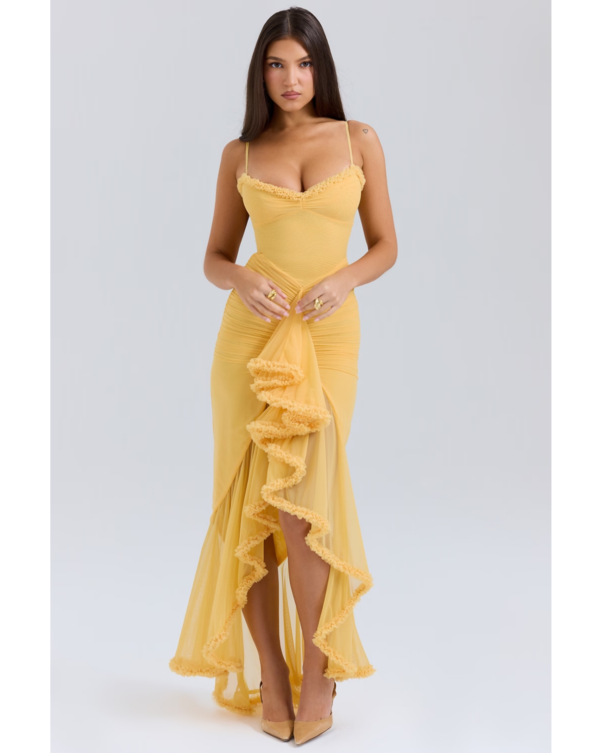 Gabbi Apricot Ruffled Front Gown - Endless - UAE Rental and Resale for Women's Fashion
