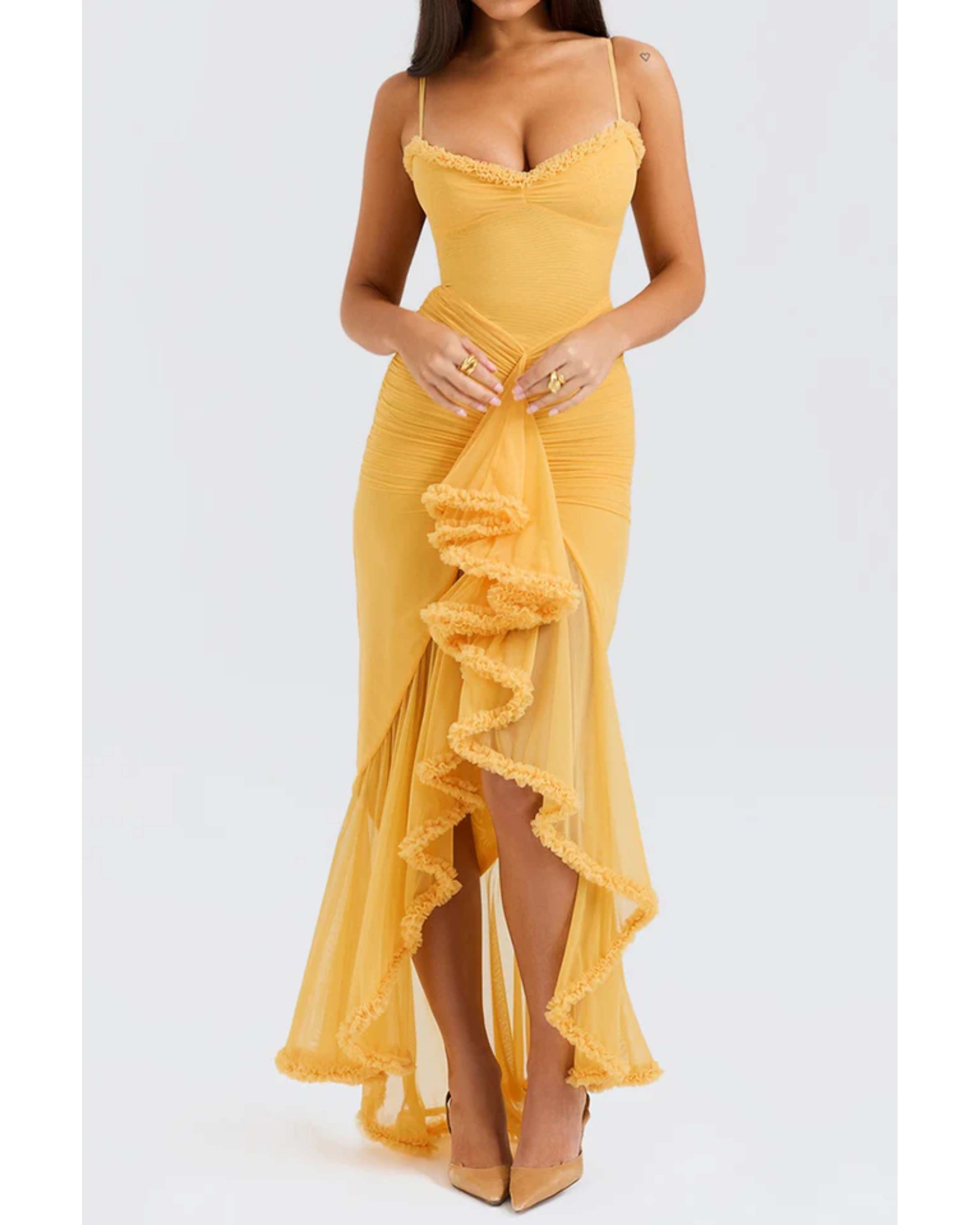 Gabbi Apricot Ruffled Front Gown - Endless - UAE Rental and Resale for Women's Fashion