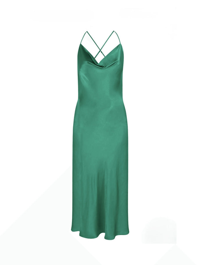 Emerald green satin slip dress with cowl neck and cross-back straps — Rat & Boa | Endless UAE