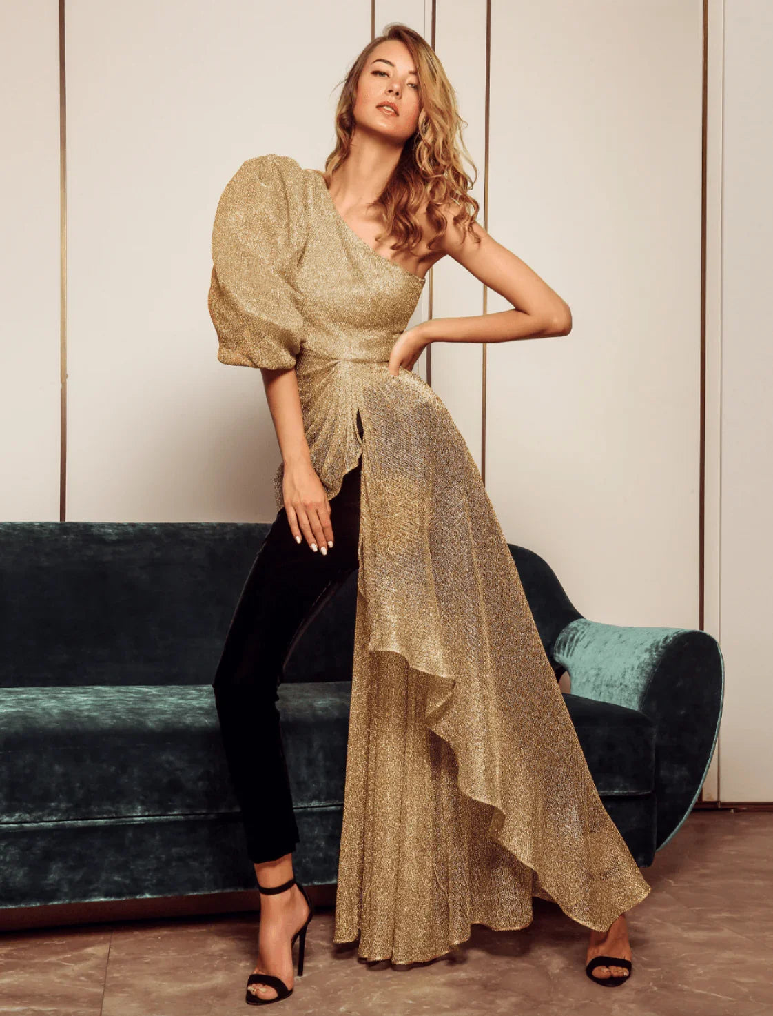 Gold Mesh One Shoulder Drape Top - Endless - UAE Rental and Resale for Women's Fashion