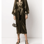 Gold metallic wrap midi dress with blouson sleeves and tie waist belt — Borgo De Nor | Endless UAE