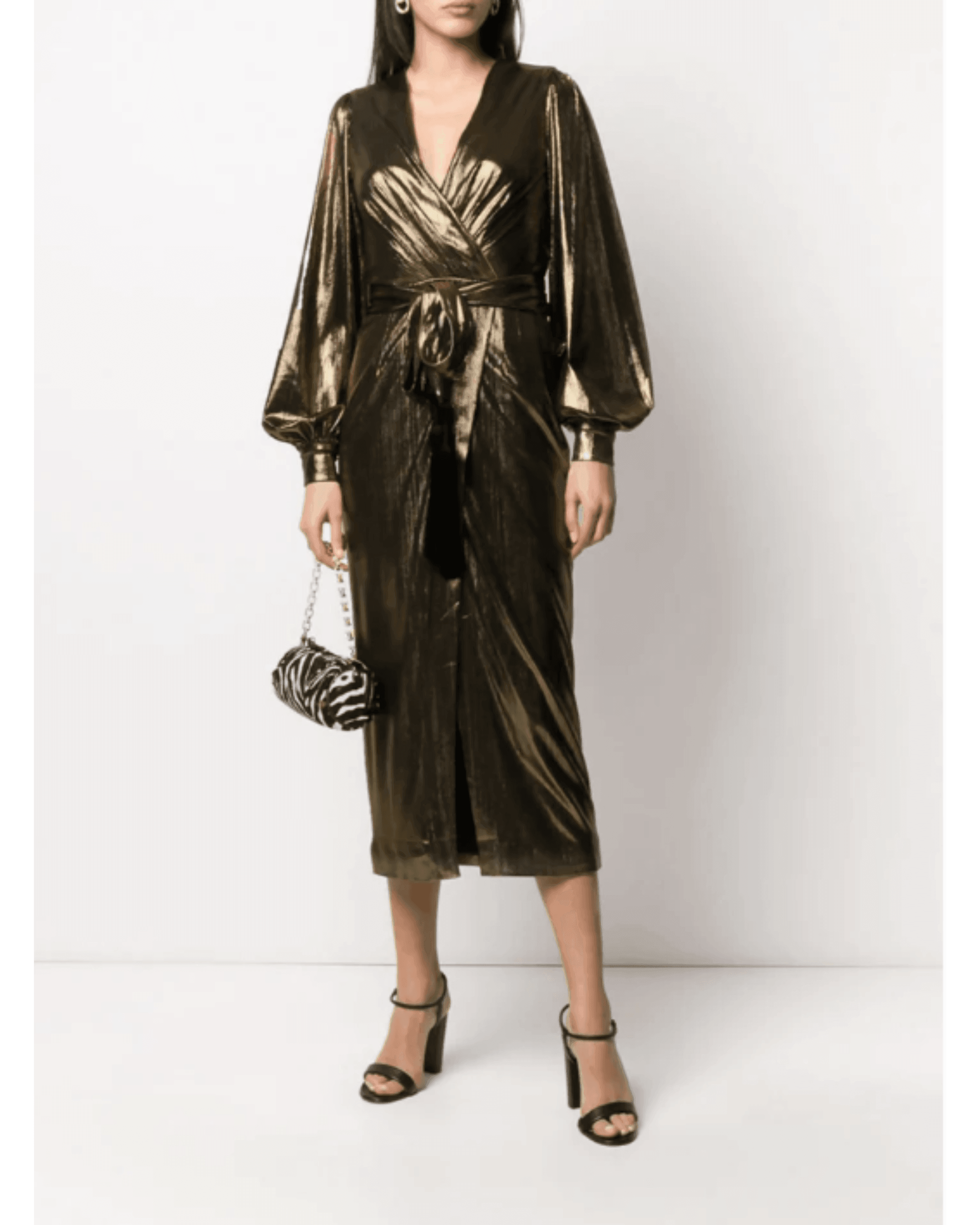 Gold metallic wrap midi dress with blouson sleeves and tie waist belt — Borgo De Nor | Endless UAE