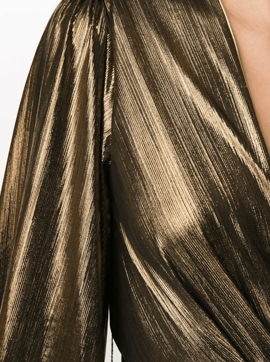 Gold pleated metallic midi dress with flowing fabric detail on model — Borgo De Nor | Endless UAE