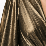 Gold pleated metallic midi dress with flowing fabric detail on model — Borgo De Nor | Endless UAE