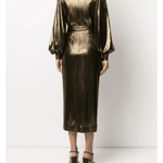 Gold metallic long-sleeve midi dress with wrapped waist tie, balloon sleeves, and elegant drape — Borgo De Nor | Endless UAE