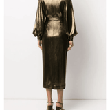 Gold metallic long-sleeve midi dress with wrapped waist tie, balloon sleeves, and elegant drape — Borgo De Nor | Endless UAE