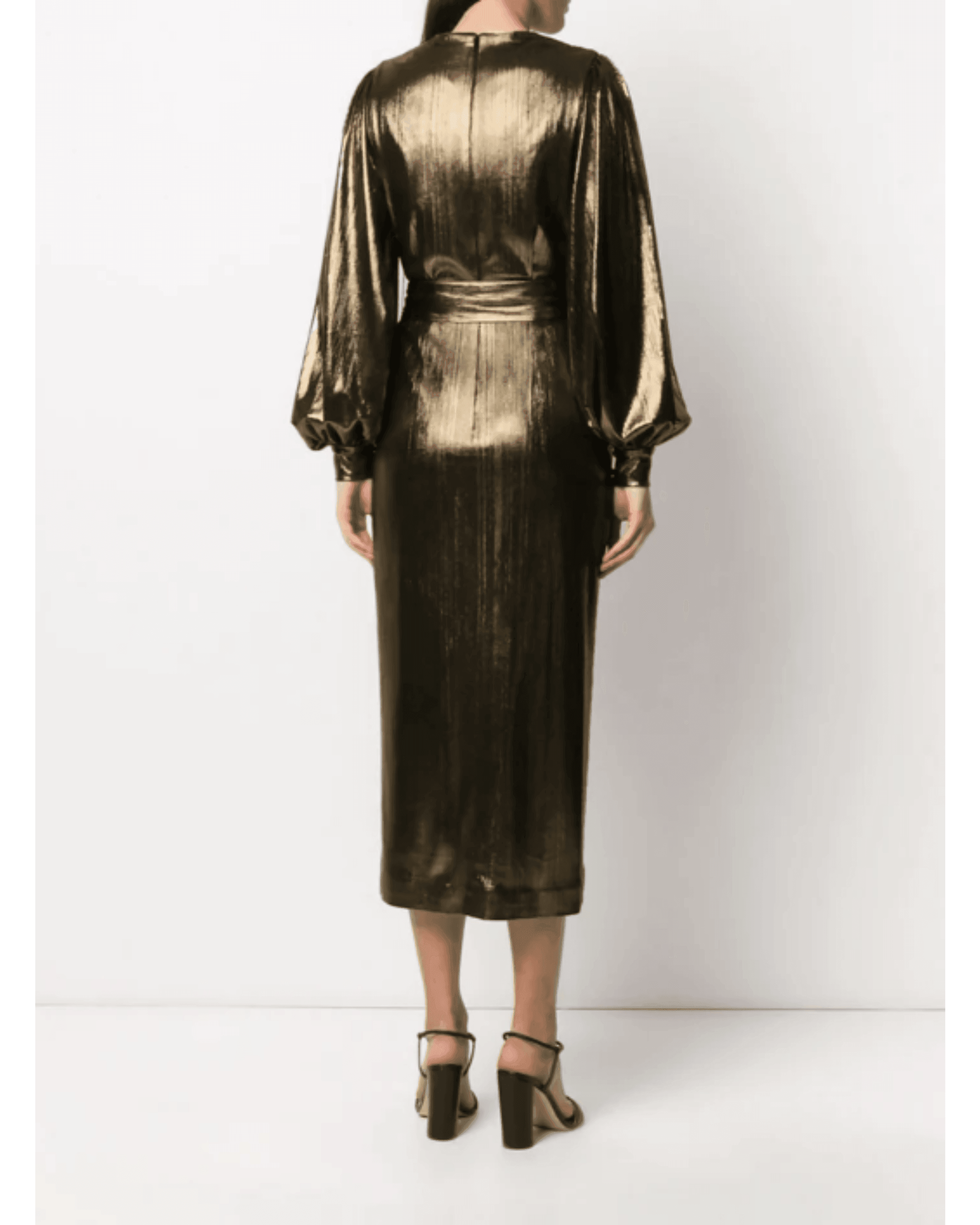 Gold metallic long-sleeve midi dress with wrapped waist tie, balloon sleeves, and elegant drape — Borgo De Nor | Endless UAE