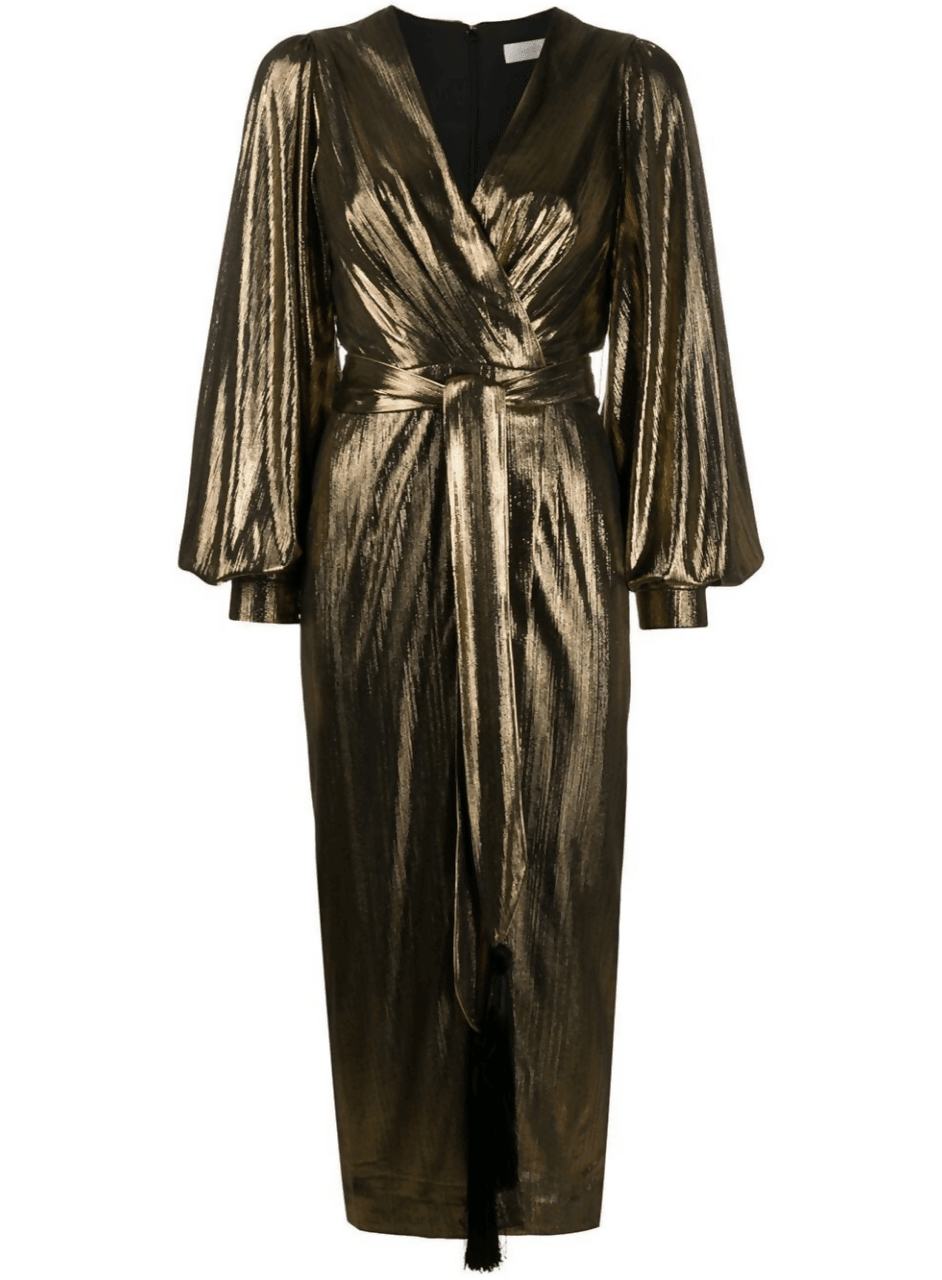 Gold metallic wrap midi dress with balloon sleeves and tassel belt tie detail — Borgo De Nor | Endless UAE