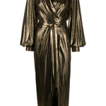 Gold metallic wrap midi dress with balloon sleeves and tassel belt tie detail — Borgo De Nor | Endless UAE