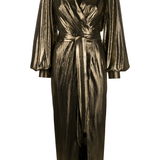 Gold metallic wrap midi dress with balloon sleeves and tassel belt tie detail — Borgo De Nor | Endless UAE