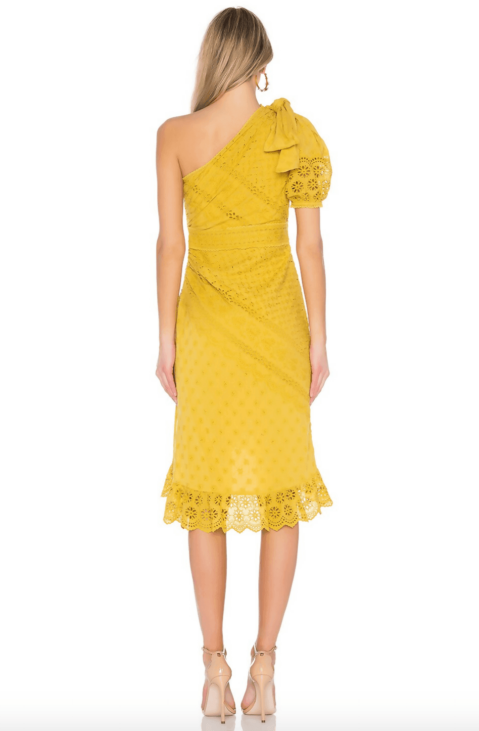 Yellow eyelet lace one-shoulder midi dress with ruched detailing, puff sleeve, and scalloped hem worn with nude heels — Ulla Johnson | Endless UAE